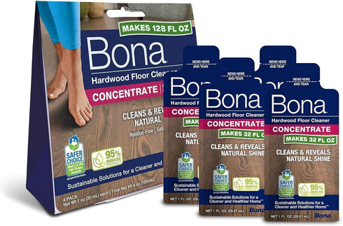 Bona Hardwood Floor Cleaner Concentrate, Unscented, 1 fl oz, Pack of 4 (Makes 128 fl oz) - Residue-Free Floor Cleaning Concentrate Spray Mops and ...