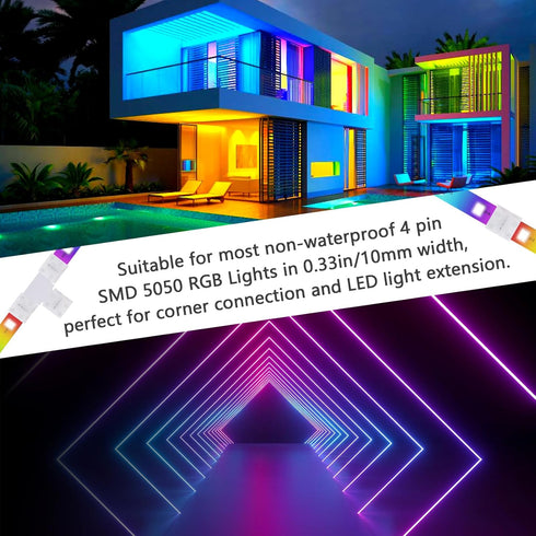 4-Pin 10mm RGB LED Light Strip Connectors, 100 Pieces Solderless and Gapless Adapter Terminal, Incl. Screw Clips, Cuttable T, L and X Shape for SM...