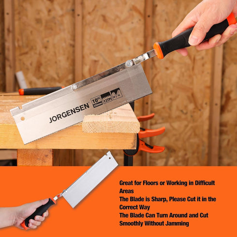 JORGENSEN 10" Dovetail Reversible Saw, Professional Cutting Jamb Saw, 13TPI Double Ground Teeth Flush Cut Saw Spring Loaded Design Cranked Soft Ha...