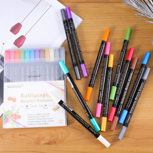 Calligraphy Metallic Marker Pens Dual Tip Chisel and Medium Point Pens for Black Paper, Rock Painting, Easter Egg, Halloween Pumpkin, Card Making,...