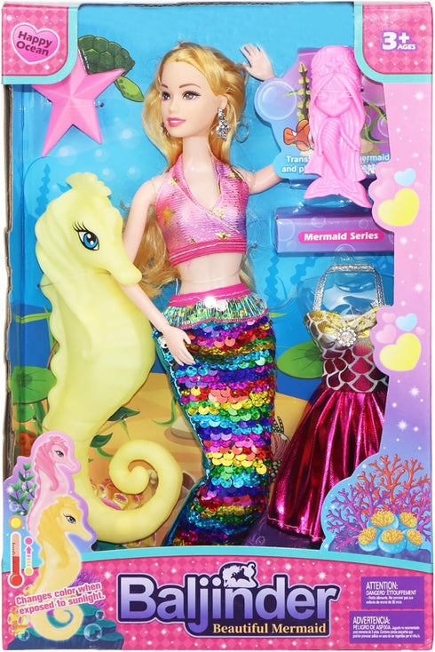 Mermaid Princess Doll with Little Mermaid and Seahorse Playset, Blonde Hair Mermaid Dolls Toys with Accessories, Best Birthday Gifts for Girls 3-7...