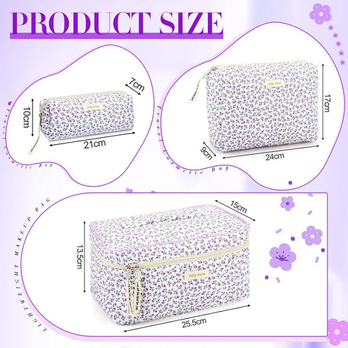 3 Pcs Quilted Makeup Bag Large Cosmetic Bag Floral Makeup Bag Travel Aesthetic Cute Kawaii Toiletry Cosmetic Pouch with Zipper for Women Gifts Hom...