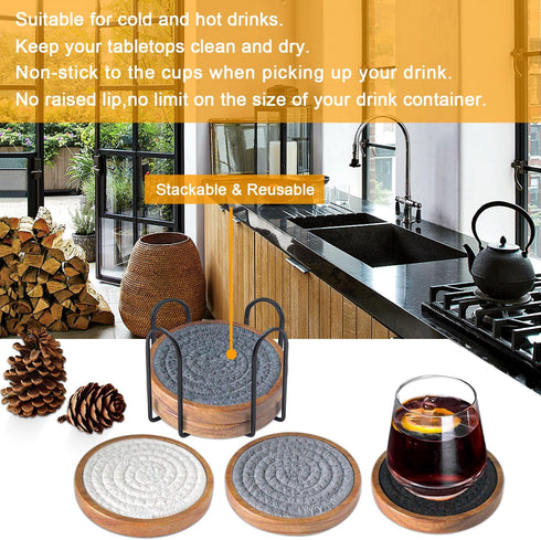 Coasters for Drinks Absorbent Sets of 5, Woven Coasters with Holder, Wood Coasters for Coffee Table, Housewarming Gift for Farmhouse Home Decor, 4...