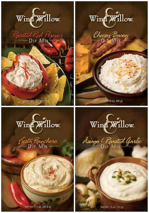 Wind & Willow Dip Mix 4 Flavor Variety Bundle: Cheesy Bacon, Roasted Red Pepper, Asagio and Roasted Garlic, and Fiesta Ranchero (4 Packs Total)...