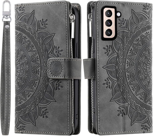 Asuwish Phone Case for Samsung Galaxy S21 5G 6.2 inch Wallet Cover with Tempered Glass Screen Protector and Wrist Strap Mandala Flower Flip Zipper...