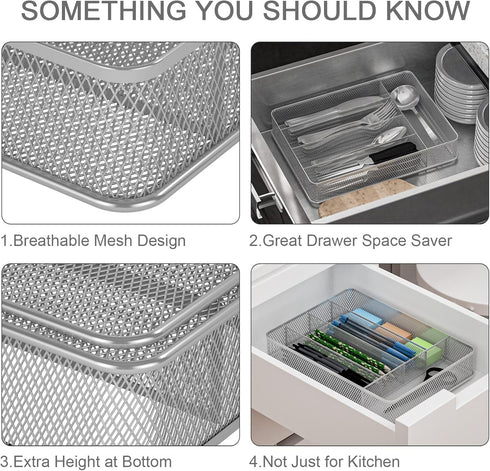 TQVAI Silverware Organizer - 5 Slots Non-Slip Mesh Kitchen Drawer Organizer - Metal Compact Utensil Cutlery Holder in Drawer Tray, Silver...