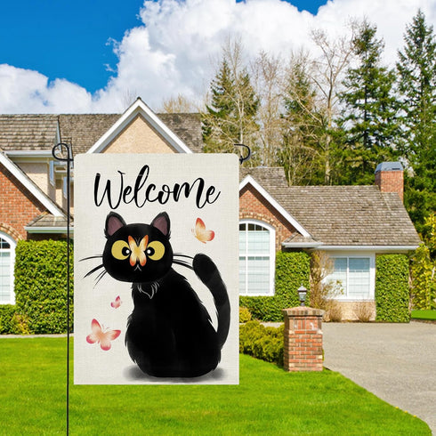 Welcome Black Cat Decorative Garden Flag, Cute Kitten Butterfly Home Yard Outdoor Decor Cat Lover Gifts, Spring Summer Seasonal Small Outside Deco...