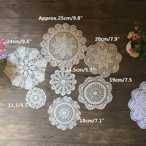 MINDPLUS Set of 14 Hand Crochet Doilies Cotton Crocheted Lace Doilies 4-10 Inches Round White Beige Vintage Wedding Tea Party...