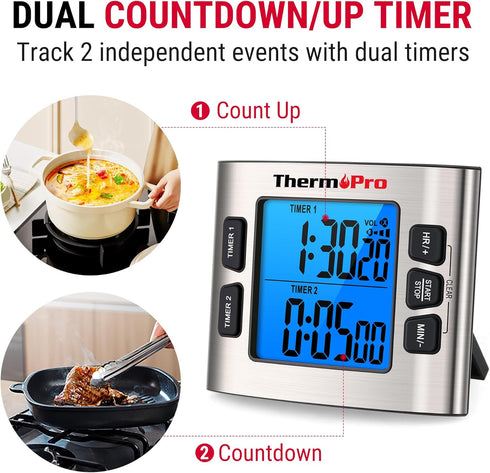 ThermoPro TM02 24 Hours Digital Timer with Dual Kitchen Timers for Cooking, Stop Watches Magnetic Timer Clock with Adjustable Alarm Volume & LCD B...