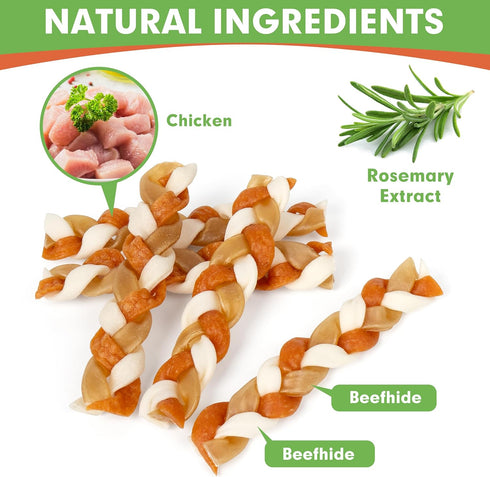 MON2SUN Dog Treats, 5 Inch Chicken and Rawhide Braids, Braided Rawhide Sticks Dog Chew Treats for Small Dogs, Teeth Cleaning and Long Lasting Dog ...