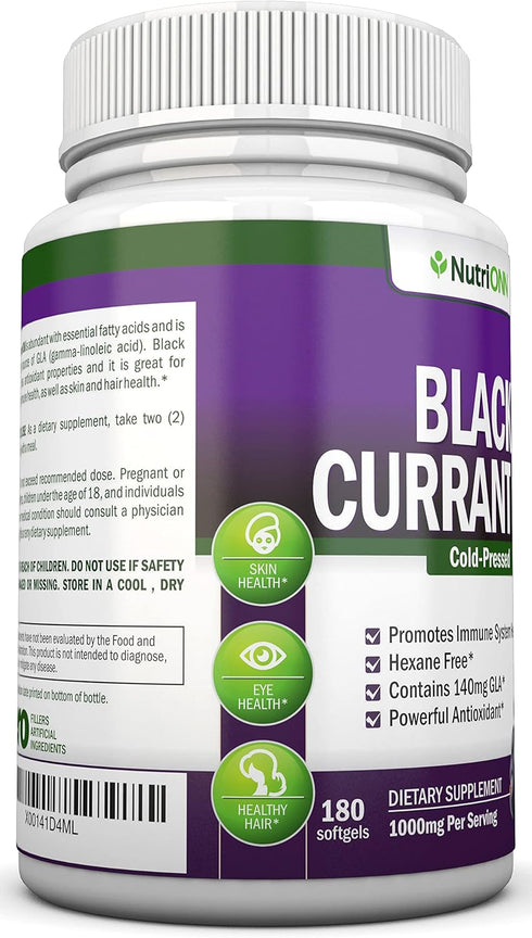 Black Currant Oil - 1000 Mg - 180 Softgels - Cold-Pressed Pure Black Currant Seed Oil - Hexane Free - 140mg GLA Per Serving - Regulates Hormonal B...