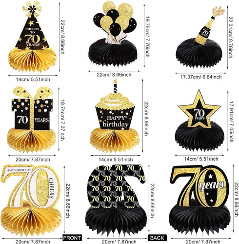 8 Pieces Cheers to 70 Years Birthday Decorations 70th Birthday Honeycomb Centerpieces Black Gold Table Toppers 70th Party Decorations for Seventy ...