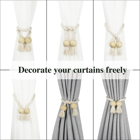 2 Pack Magnetic Curtain Tiebacks Cotton Hand Woven Tie Back Decorative Rope Holdbacks for Curtains Draperies No Tools Required, Beige...