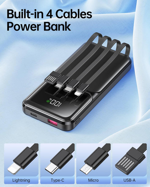 Portable Charger with Built in Cable - 22.5W Slim 20000mAh Power Bank USB C Fast Charging LED Display Travel Battery Pack 5 Outputs & 3 Inputs for...