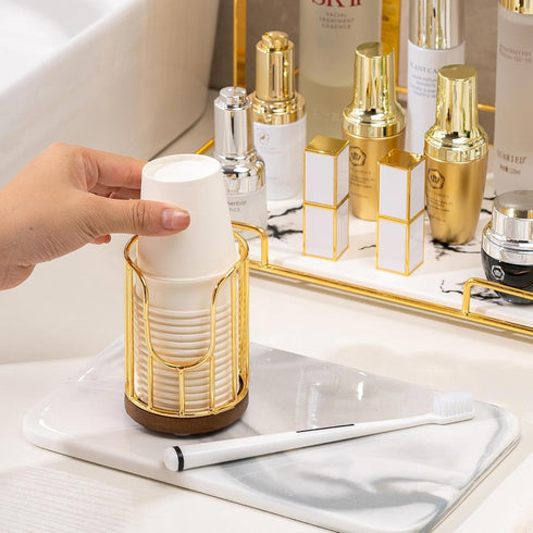 Bathroom Cup Dispenser with Acacia Wood Stand - Essential Bathroom Accessories for Toothbrush Holders & Mouthwash Cup Dispenser on Vanity Countert...