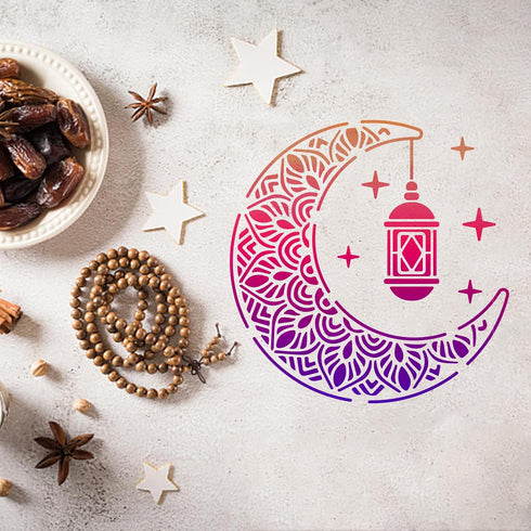 Ramadan Lantern Stencil Eid al-Fitr Drawing Stencil Ramadan Eid Stencils 11.8×11.8inch with Art Paint Brush Eid Mubarak Moon Decorating for Islami...