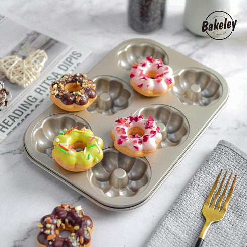 Flower Donut Pan, 6 Cavity Donut Mold Heavy Duty Steel Non-stick Flower Heart Shaped Bund Pans Pattern Doughnut Bakeware for Oven Baking (Champagn...