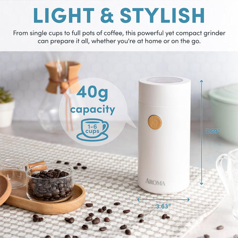 Aroma Housewares Mini Coffee Grinder and Electric Herb Grinder with 304 Stainless Steel Grinding Blades and a See-through Lid (40 g.), White, 40g...
