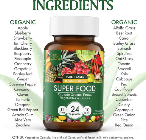 Super Greens and Reds Daily Fruits and Veggies Supplement: Gluten Free, Organic Superfood Greens Supplement Capsules & Cruciferous Vegetable Suppl...