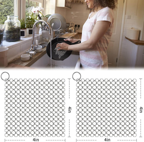 2Pack Cast Iron Scrubber Stainless Steel Chain Mail Scrubber, Cast Iron Cleaner Chainmail Scrubber for Dutch Oven Carbon Steel Wok Grill Pan, Chai...