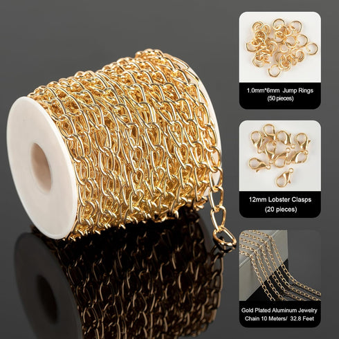 YOUBEIYEE 32.8 Feet Gold Plated Aluminum Jewelry Chains Bulk Twist Curb Link Chain Necklace Handmade DIY Jewelry Chain for Jewelry Making...