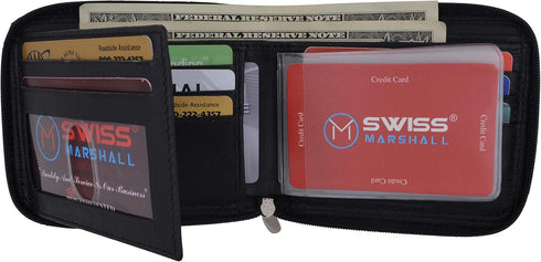 Men's Zipper RFID Blocking Premium Leather Zip-Around ID Bifold Wallet (Black)...