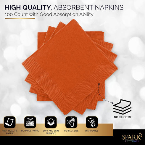 100 Pack Orange Beverage Napkins, Big Party Pack, 2 Ply, Ideal for Wedding, Party, Birthday, Dinner, Lunch, Cocktails. (5” x 5”) by Amcrate...
