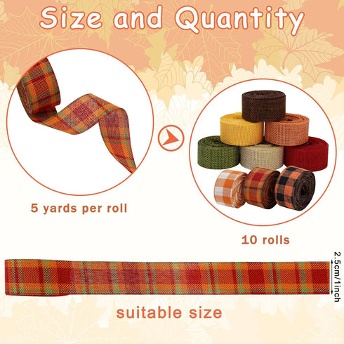 Whaline 10 Rolls 50 Yards Plaid Burlap Ribbon Rolls 1 Inch Fall Wrapping Ribbon Thanksgiving Ribbon Autumn Decorative Ribbon for Autumn Harvest Th...