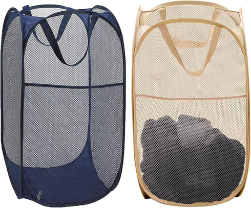 2 Pack Collapsible Pop Up Laundry Hamper, Large Capacity Mesh Laundry Basket Space Saving for Apartments, Student Dorms, Apartment (Beige+Blue)...