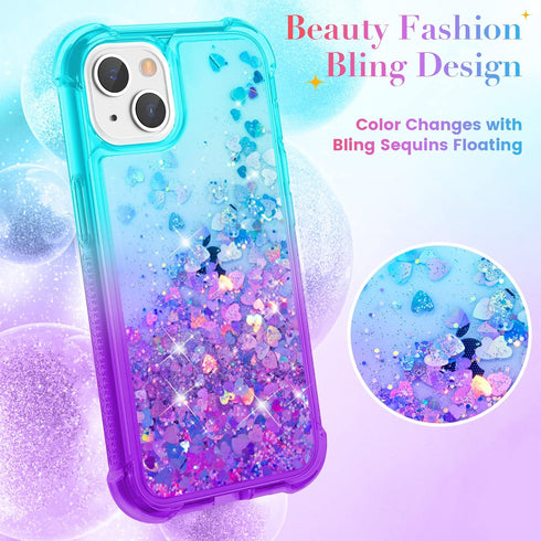 Ruky for iPhone 13 Case & iPhone 14 Case, Glitter Liquid Full Body Rugged Cover with Built-in Screen Protector Soft TPU Shockproof Girls Women Cas...