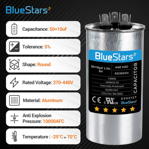 50+10 uf 370-440VAC ±5% Volts Round Run Start Capacitor Electric Replacement Part by BlueStars - Exact Fit for HVAC, Air Conditioners, Heat Pumps...