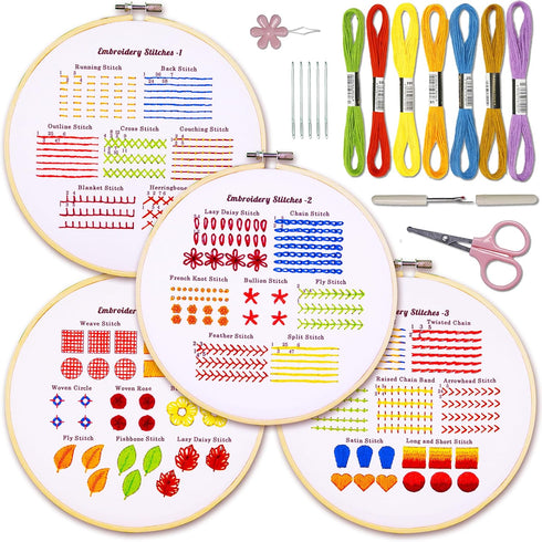 Bradove 4 Sets Embroidery Stitches Practice Kit, Embroidery Kit for Beginners with Embroidery Patterns, Beginner Embroidery Kit, Embroidery Kits f...