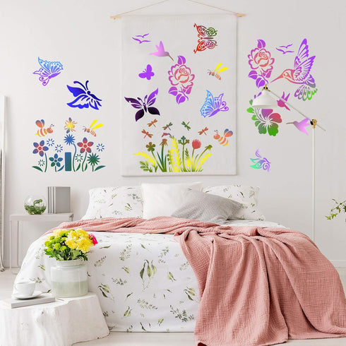 6 Pieces Flower Stencil Bee Stencil Butterfly Painting Stencil Template Bird Bee Drawing Template Reusable Painting Stencil and Metal Open Ring fo...