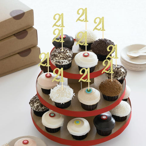 24 PCS 21st Cupcake Toppers - Anniversary or Birthday Cupcake Picks Party Decoration Supplies | Gold 21st...