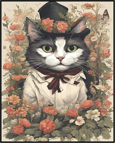 Posterizer 1 pcs- Cute black and white cat in the middle of red flowers-Art for Animal Lovers-Floral Botanical Art- Gift for Men Women Teens-Livin...