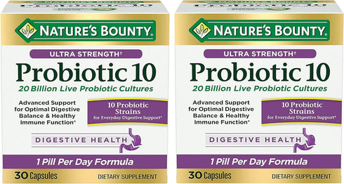 Nature's Bounty Probiotic 10, Ultra Strength Daily Probiotic Supplement, Support for Digestive, Immune and Upper Respiratory Health, 2 Pack, 30 Ca...