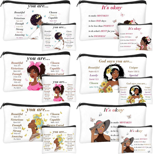 12 Pcs African American Makeup Bag Black Women Cosmetic Bags Inspirational Gift Bags for Girl Afro Queen Zipper Travel Pouch Purses Toiletry Organ...