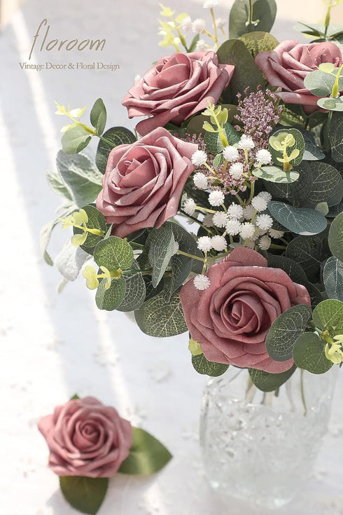 Floroom Artificial Flowers 25pcs Real Looking Dusty Rose Foam Fake Roses with Stems for DIY Wedding Bouquets Bridal Shower Centerpieces Floral Arr...