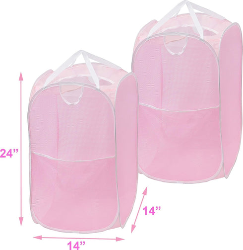 Simple Houseware Mesh Pop-Up Laundry Hamper Basket With Side Pocket, Pink - 2 Pack...