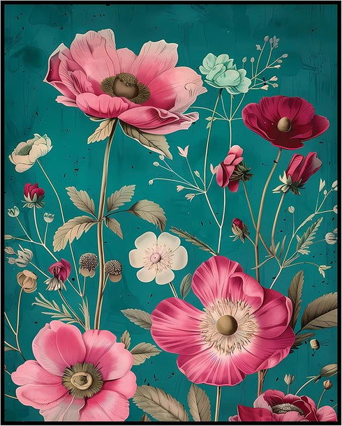 Posterizer 1 pcs-dainty pretty pink flowers with blue background-Floral & Botanical Art-Abstract & Modern Art-Decor for Home & Office- UNFRAMED Wa...