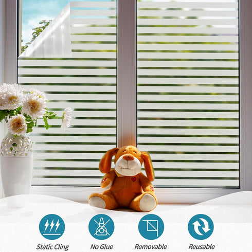 Niviy Frosted Window Film Privacy Window Sticker Non Adhesive Window Vinyl Film Removable Static Cling Window Film UV Protection Striped Pattern f...