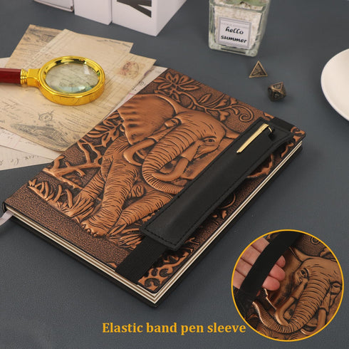 Vintage Elephant Embossed Leather Notebook with Ballpoint Pen/Pen Sleeve,A5 Hardcover Notebook,for Business Notepad/Travel Journal/Family Daily No...