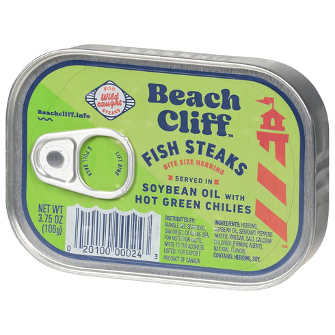 Beach Cliff Wild Caught Fish Steaks in Soybean Oil with Hot Green Chilies, 3.75 oz Can (Pack of 12) - 16g Protein per Serving - Great for Pasta & ...
