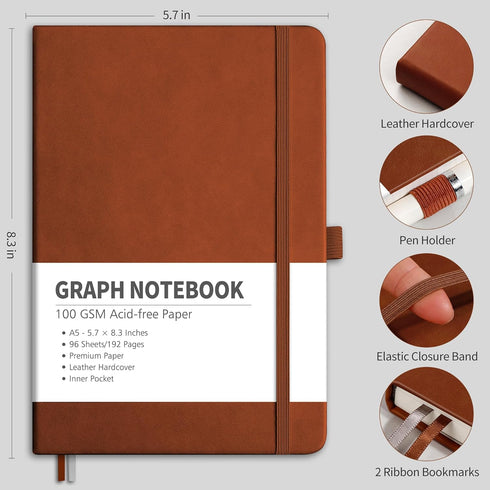 RETTACY Graph Paper Notebook - Graph Grid Paper Notebook with 192 Pages, Notebooks for Work, School, 100 GSM Paper, Leather Hardcover, Inner Pocke...