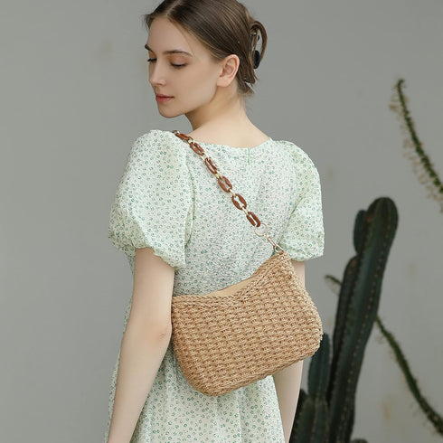 Herald Small Handmade Straw Pocketbook Crossbody Bag for Women, Summer Chic Woven Handbag Shoulder Purse with Chain...