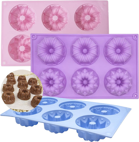Mini Bundt Cake Pan 3pcs Silicone Fluted Tube Cake Pans, 6Cavity Heritage Bundtlette Cake Silicone Mold for Baking Non Stick Fancy Molds (Purple+B...