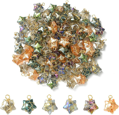 LiQunSweet 100 Pcs Wire Wrapped Electroplate Glass Crystal Small Star Charms for Jewelry Making Bracelet DIY Bulk...