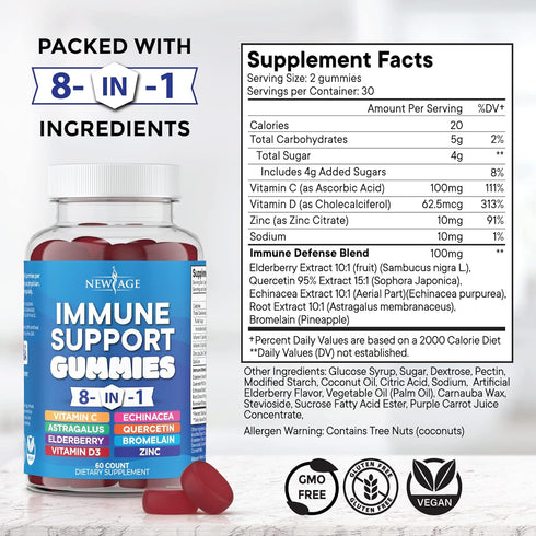 8 in 1 Immune Support Booster Supplement with Astragalus Root, Vitamin C and Zinc 50mg, Vitamin D 5000 IU, Turmeric Curcumin & Ginger, B6, Elderbe...