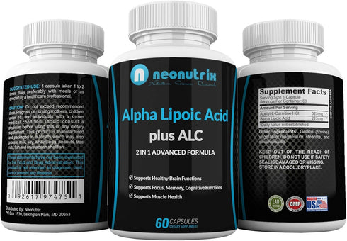 Alpha Lipoic Acid Plus Acetyl L-Carnitine Antioxidant Supplement ALA ALC for Healthy Brain Function & Muscle Strength, Focus, Memory & Cognitive F...