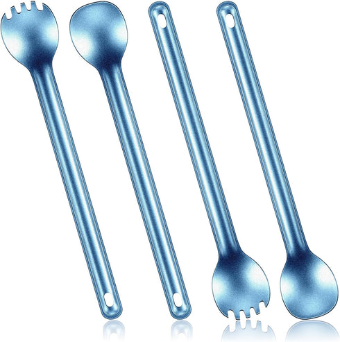 4 Pieces Titanium Long Handle Spork and Spoon 8.4 Inch Ultralight Portable Flatware Lightweight Soup Spoon Camping Spork Utensil for Outdoor Campi...